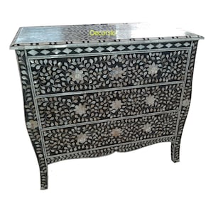 Handmade Mother of Pearl Inlay Black Floral French Chest of 3 Drawers/ Storage Dresser