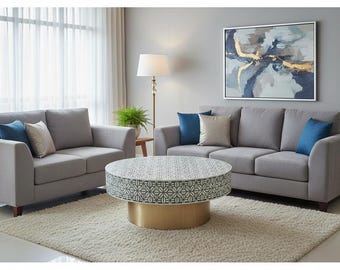 Handmade Grey Bone Inlay Targua Pattern Round Coffee Table