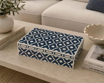 Handmade Navy Blue Bone Inlay Geometric Decorative Storage Box, Coffee Table Accent Decor