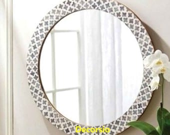 Handmade Bone Inlay Round Mirror Frame: Grey Moroccan Pattern (30" x 30")