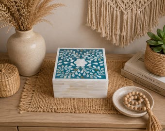 Handmade Mother of Pearl Inlay Floral Box, Decorative Jewelry Storage