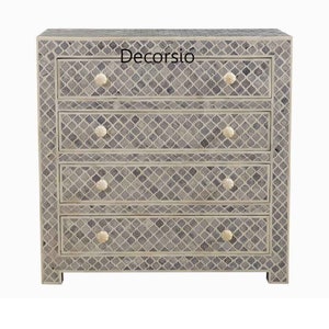 Handmade Grey Bone Inlay Moroccan Pattern Chest of 4 Drawers