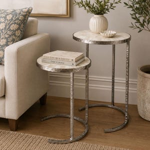 Handmade Bone Inlay C Table Nesting Set, Ivory Round Side Table
