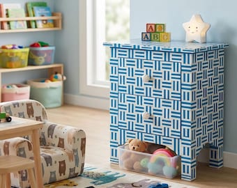 Mesa de cabeceira geométrica artesanal com incrustações de osso azul, mesa lateral com 2 gavetas, cômoda decorativa para armazenamento.