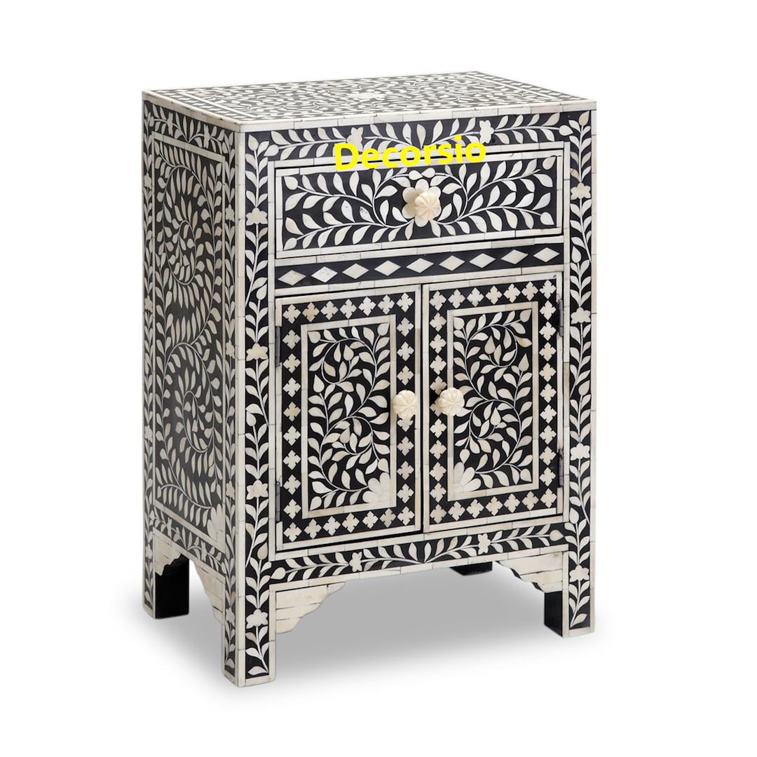 Handmade Bone Inlay Black Floral Pattern Bedside / Bedroom Bedside