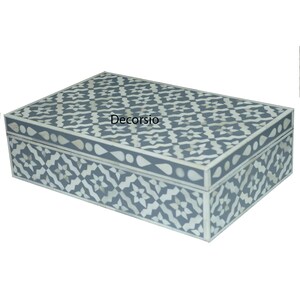 Handmade Bone Inlay Jewelry Box: Grey Geometric Pattern Decorative Box