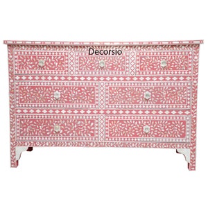Handmade Raspberry Pink  Mother of Pearl Inlay Floral Pattern Chest of 7 Drawers/ Storage Cabinet Chest