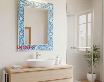 Handmade Bone Inlay Mirror Frame: Blue Floral Wall Decor