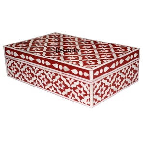 Handmade Red Bone Inlay Jewelry Box: Geometric Pattern Decorative Box