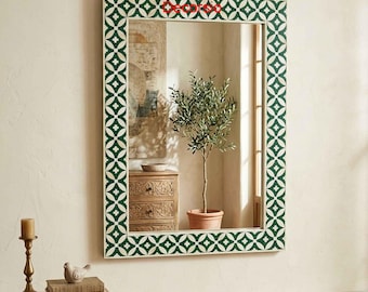Handmade Green Bone Inlay Geometric Mirror Frame / Hanging wall decor