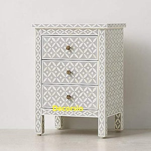 Handmade Grey Bone Inlay Geometric Pattern Bedside Table/ Nightstand/ Side Table