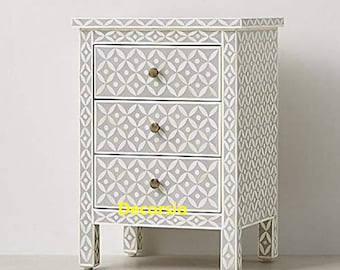 Handmade Grey Bone Inlay Geometric Pattern Bedside Table/ Nightstand/ Side Table