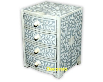 Handmade Bone Inlay Small Grey Floral Chest of 4 Drawers Desk Organization Dresser Organizer