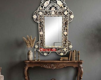 Handmade Mother of Pearl Inlay Black Scalloped Mirror Frame with Free Mirror