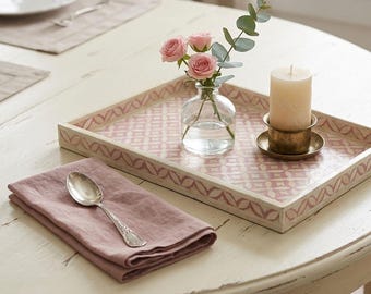 Handgemachtes Rosa Bone Inlay Tray: Geometrisches Dekoratives Serviertablett