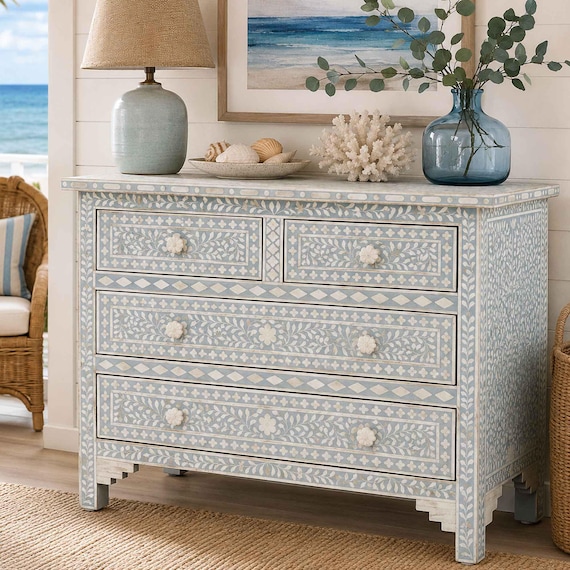 grey bone inlay dresser Handmade Chest of 4 Drawers, Cabinet, Storage mermaid maternity dress