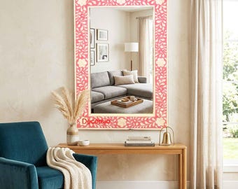 Handmade Pink Bone Inlay Floral Mirror Frame / Hanging wall decor
