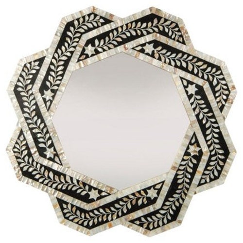 Cadre Miroir Rond Incrustation Os Fait Main - Décoration Murale Bois Moderne 18 Pouces