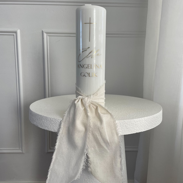 Pillar Baptism Candle | Calico Ribbon | Personalised Christening Candle | Baptism Candle | Christening Candle | Christening Box