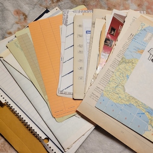 May include: A stack of vintage paper ephemera, including lined paper, graph paper, a map, and a page with a handwritten recipe. The papers are in various shades of beige, brown, and blue.