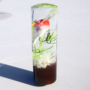 Könnte beinhalten: Ein durchsichtiger Glaszylinder mit einem weißen und roten Angelköder, einer grünen Pflanze und einer weißen Blume darin. Der Boden des Zylinders ist mit einer dunkelbraunen Flüssigkeit gefüllt.
