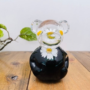 May include: A clear glass bear figurine with a black body and white daisies inside. The daisies are visible through the clear glass head.