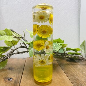 May include: A clear glass cylinder filled with yellow and white pressed flowers. The cylinder is sitting on a wooden surface.