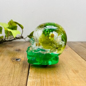 May include: A green glass skull with a clear dome filled with preserved white flowers and green foliage.