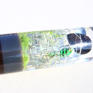 May include: A clear glass cylinder containing a green and black fishing lure. The lure is surrounded by white and green fishing line. The cylinder has a brown and grey base.