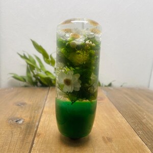 Puede incluir: Un objeto cilíndrico transparente lleno de elementos florales verdes y blancos. La parte inferior es de un verde vibrante sólido. Flores blancas en forma de margarita y follaje verde están suspendidos dentro del material transparente.