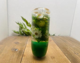Submerged Flower Shift Knob, Cylinder M-Shaped, with Flowering Candle and White and Green Flowers