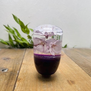 Puede incluir: Un pomo de cambio de resina transparente, de forma ovalada, con base morada y flores de cerezo rosas. El pomo está sobre una superficie de madera, con follaje verde al fondo. Aproximadamente 7 cm de altura.