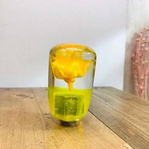 Könnte beinhalten: Ein dekorativer Schaltknauf mit einer gelben Blume, die in klarem Harz eingebettet ist, und einer gelben Basis.