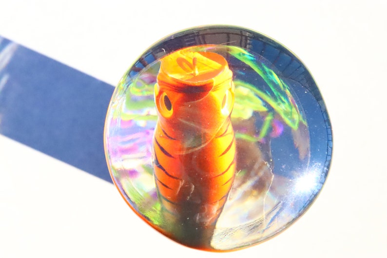 Może przedstawiać: Szklany przycisk do papieru z przezroczystego szkła z pomarańczową i czarną rybą w paski w stylu tygrysim. Ryba patrzy w g&oacute;rę z otwartym pyskiem.