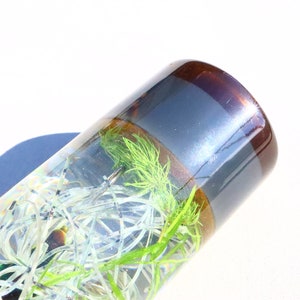 May include: A clear glass tube with a brown and silver top, filled with green and white plant material.