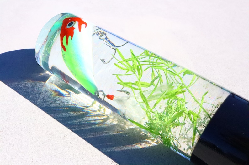 Pu&ograve; includere: Un tubo di vetro trasparente con un'esca da pesca verde e rossa al suo interno. Il tubo &egrave; pieno d'acqua e contiene materiale vegetale verde.