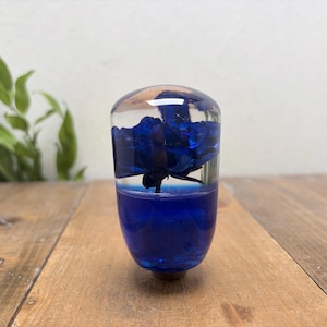 May include: A cylindrical gear shift knob made of clear resin, featuring a deep blue rose encased within the material. The base of the knob is a solid, opaque blue, transitioning into a transparent top section that displays the dark blue flower.