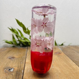 Puede incluir: Objeto cilíndrico transparente con flores de cerezo rosas suspendidas, que transiciona a una base roja vibrante. El objeto está sobre una superficie de madera, con follaje verde en el fondo. Diseño artístico y decorativo.