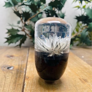 Könnte beinhalten: Ein transparenter Schaltknauf aus Harz mit einer weißen Blume im Inneren. Die Blume ist eine weiße, gänseblümchenartige Blume mit schwarzem Sockel.