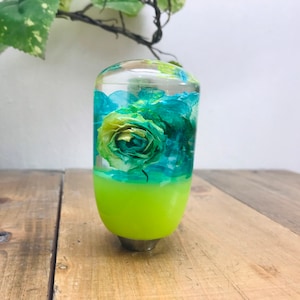 May include: A green and blue resin gear shift knob with a preserved flower inside.
