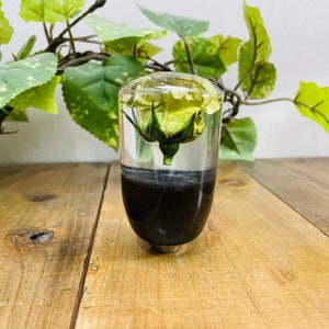 May include: A clear glass gear shift knob with a preserved yellow rose inside. The knob has a black base.