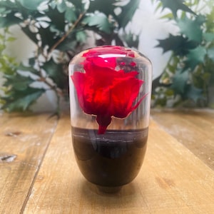 Puede incluir: Una perilla de cambio de marchas de vidrio transparente con una rosa roja dentro. La perilla tiene una base negra.