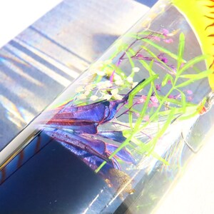 Może przedstawiać: Przezroczysty szklany cylinder wypełniony wodą, zawierający ż&oacute;łto-pomarańczową przynętę wędkarską, fioletowe i niebieskie pi&oacute;ra oraz zielone łodygi roślin.