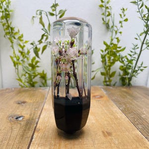 Puede incluir: Un objeto rectangular transparente de resina con una base oscura, que encierra delicadas flores y tallos rosados. La parte superior es de color marrón claro. El objeto se exhibe sobre una superficie de madera.