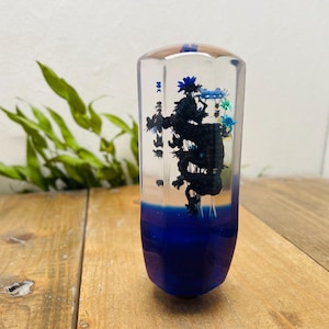 Puede incluir: Un pomo de cambio de resina transparente con un diseño de dragón oscuro y detalles azules. El pomo tiene una base azul y está relleno de flores secas. El pomo está sobre una superficie de madera.