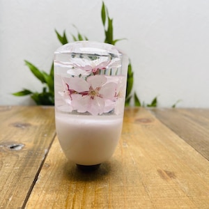 Puede incluir: Un pomo de cambio decorativo transparente con flores de cerezo rosas encapsuladas. La parte inferior es de color rosa suave. El pomo se muestra sobre una superficie de madera con follaje verde en el fondo. El pomo mide unos 7 cm de alto.