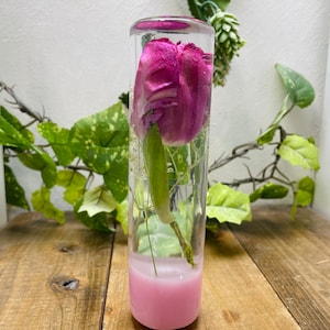 May include: A clear glass tube with a pink base filled with a preserved pink flower and green leaves.