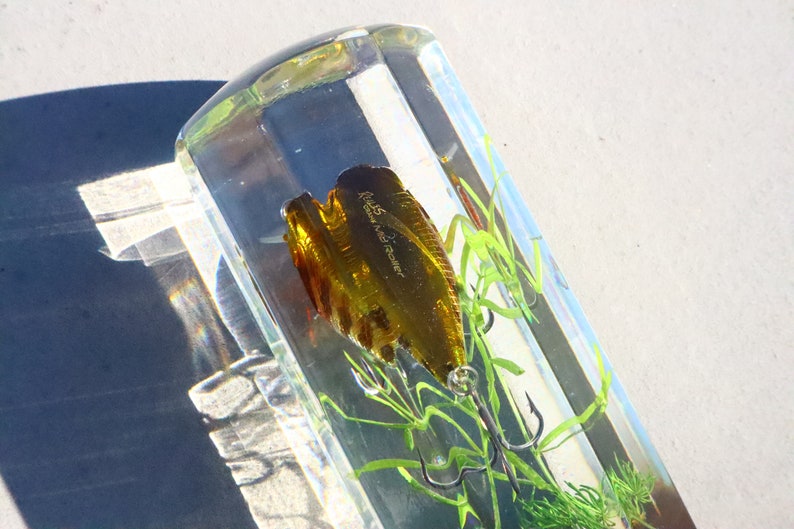 May include: A clear acrylic block containing a gold fishing lure. The lure has a green and brown body with a single hook. The lure is surrounded by green plastic plants.