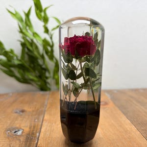 May include: A clear resin paperweight encases a vibrant red rose with green leaves and stems. The bottom of the paperweight is a dark brown, geometric shape. The background includes green foliage and a wooden surface.