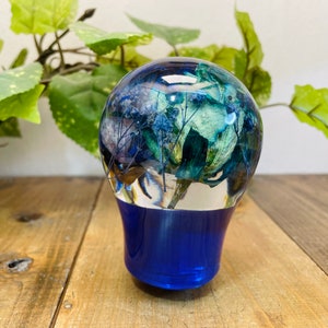 Puede incluir: Una esfera de vidrio transparente con una base azul, que contiene flores y follaje secos. La esfera tiene un diámetro de aproximadamente 5 cm.